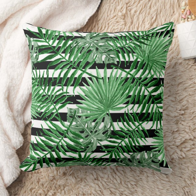 Tropical Palm Leafs Black White Stripes Pattern Throw Pillow (Blanket)