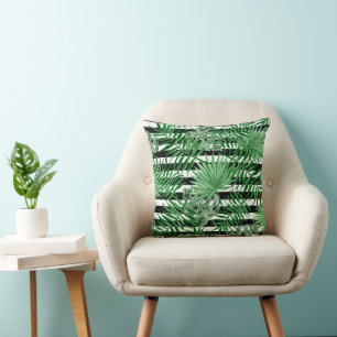 Tropical Palm Leafs Black White Stripes Pattern Throw Pillow