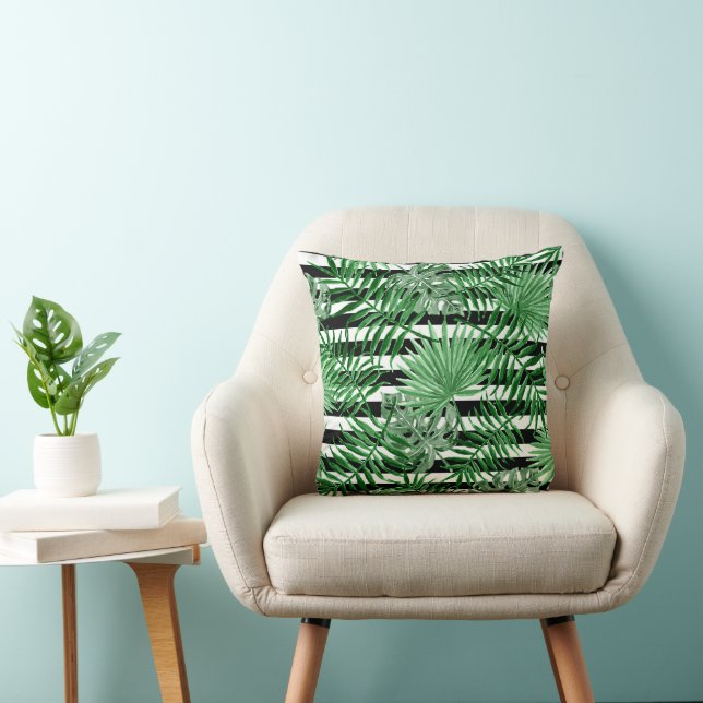 Tropical Palm Leafs Black White Stripes Pattern Throw Pillow (Chair)