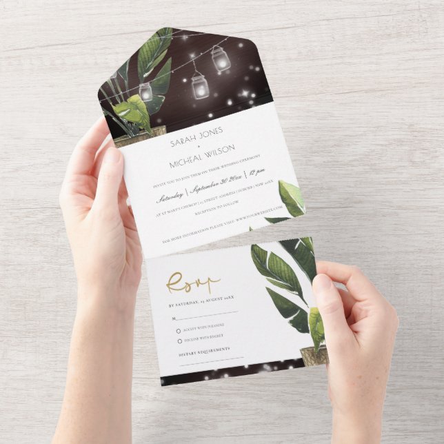 TROPICAL PALM LEAFY FOLIAGE STRING LIGHTS WEDDING  ALL IN ONE INVITATION (Tearaway)