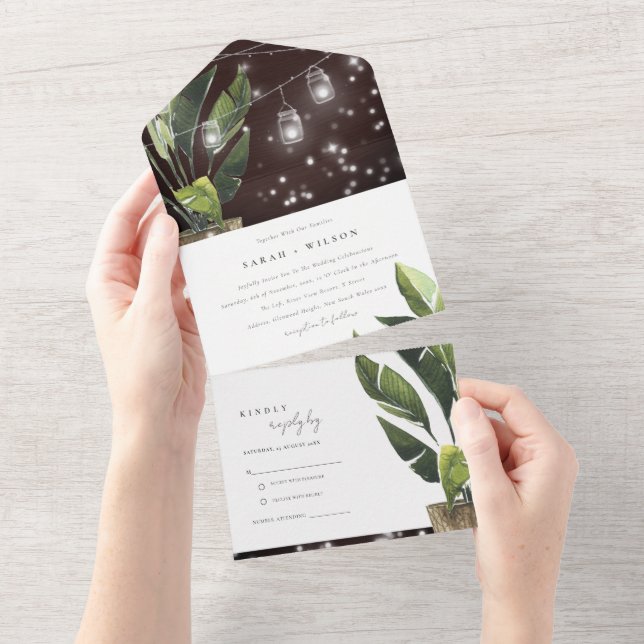 TROPICAL PALM LEAFY FOLIAGE STRING LIGHTS WEDDING  ALL IN ONE INVITATION (Tearaway)
