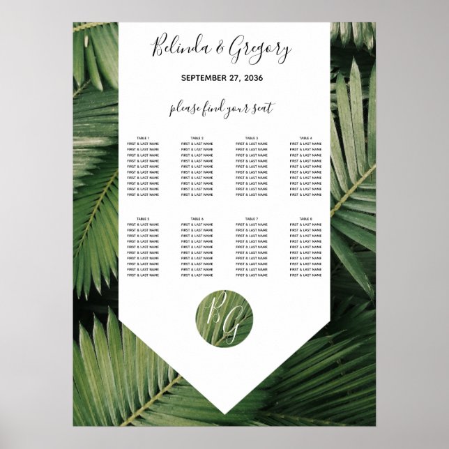 Tropical Palm Leave Greenery Wedding Seating Chart (Front)