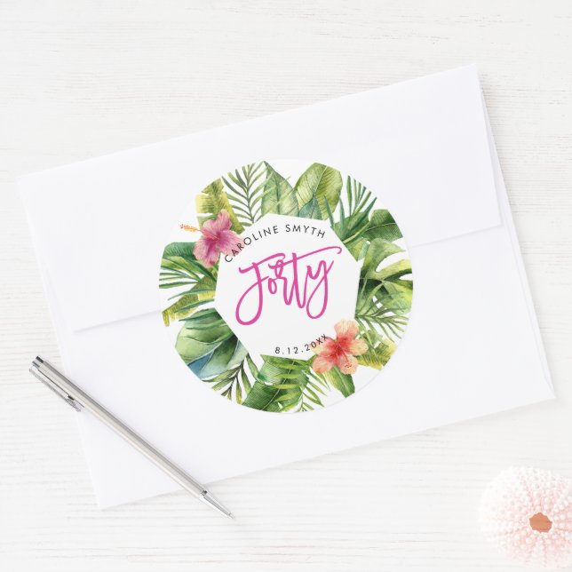 tropical palm leaves 40th birthday party sticker (Envelope)
