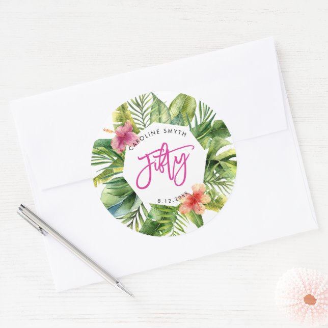 tropical palm leaves 50th birthday party sticker (Envelope)