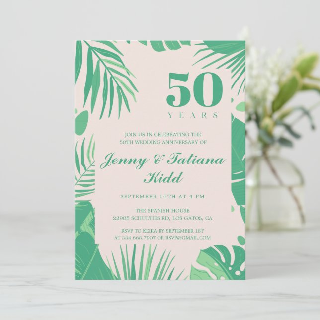 tropical palm  leaves 50th Wedding Anniversary  Invitation (Standing Front)
