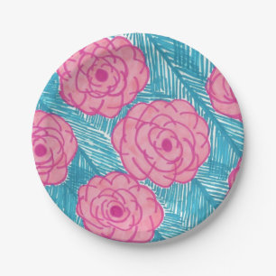 Tropical Palm Leaves and Flowers Paper Plate