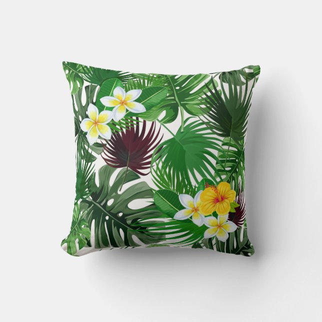 Tropical Palm Leaves and Flowers pattern Throw Pillow (Front)