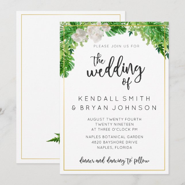 Tropical Palm Leaves and Greenery Wreath Wedding Invitation (Front/Back)