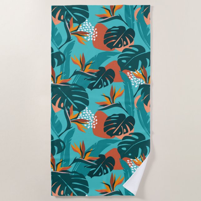 Tropical palm leaves and hibiscus flower pattern beach towel (Front)