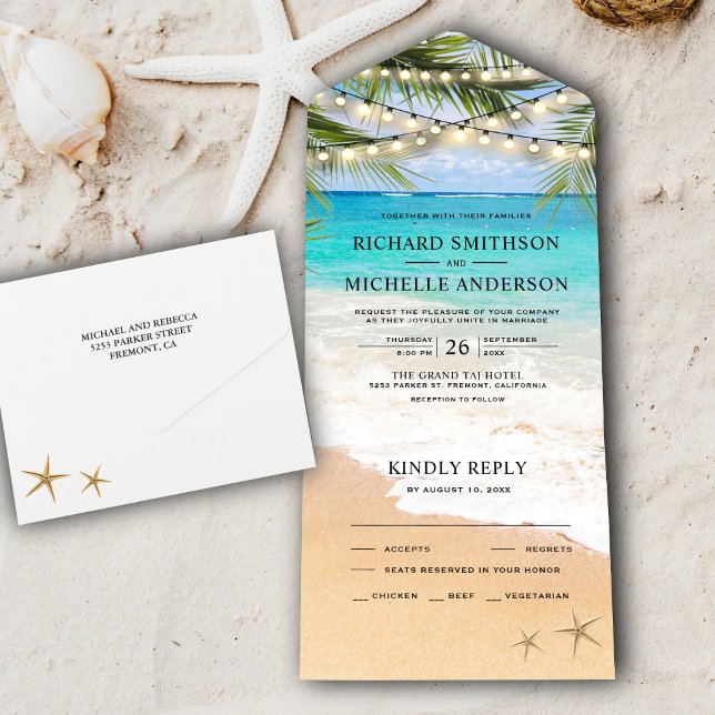Tropical Palm Leaves Beach String Lights Wedding All In One Invitation (Creator Uploaded)