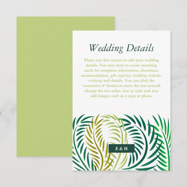 Tropical Palm Leaves, Beach Wedding Detail Enclosure Card (Front/Back)
