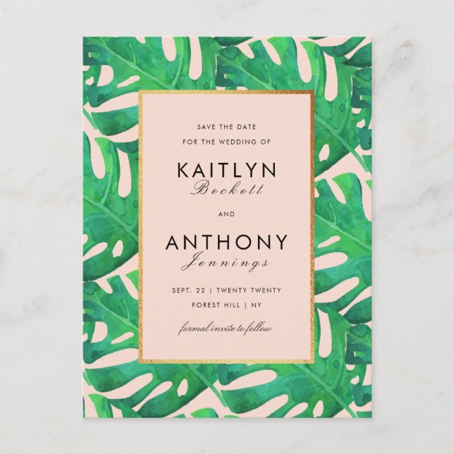 Tropical Palm Leaves Beach Wedding Save The Date Announcement Postcard (Front)