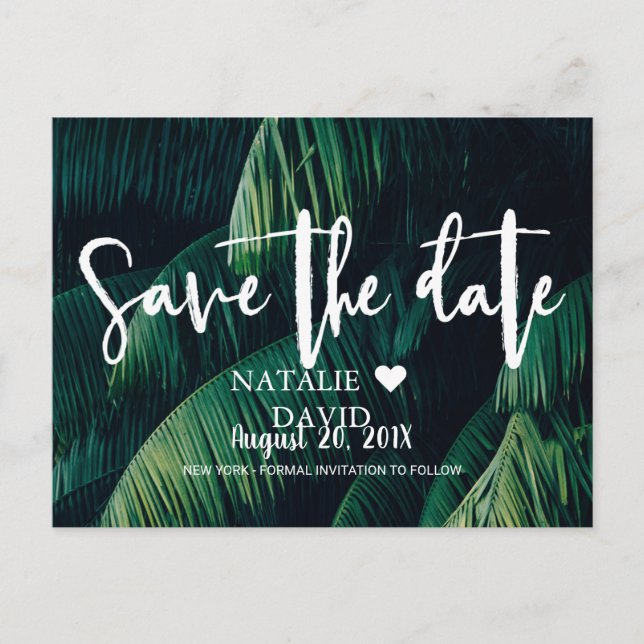 Tropical Palm Leaves Beach Wedding Save the Date Announcement Postcard (Front)