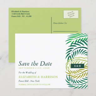 Tropical Palm Leaves, Beach Wedding Save the Date Postcard