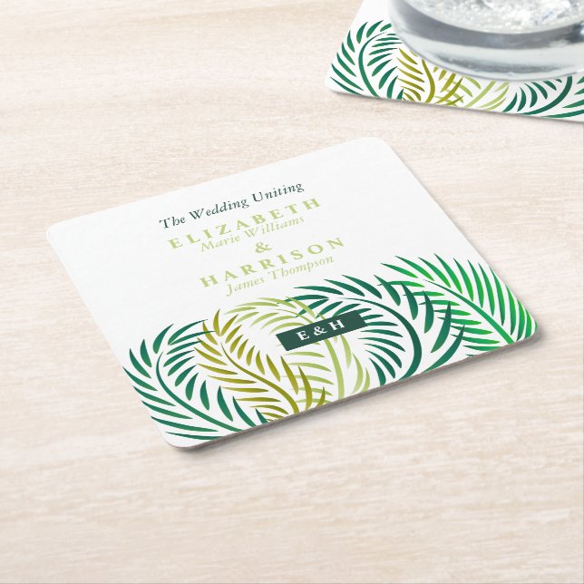 Tropical Palm Leaves, Beach Wedding Square Paper Coaster (Angled)