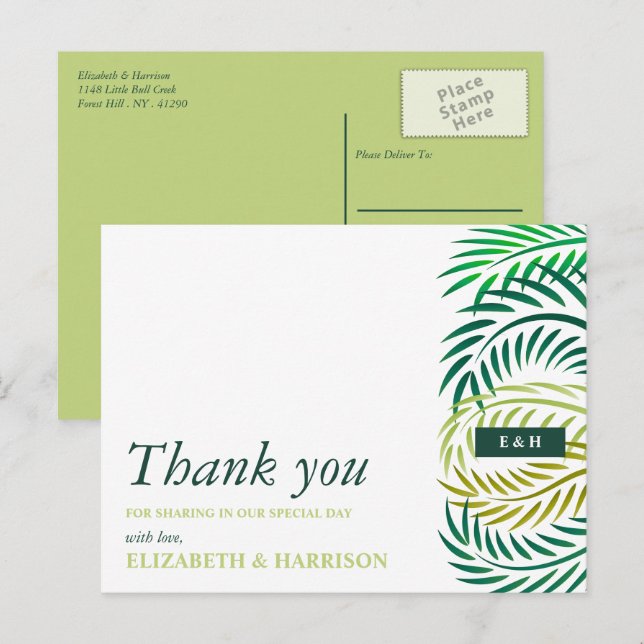 Tropical Palm Leaves, Beach Wedding Thank You Postcard (Front/Back)