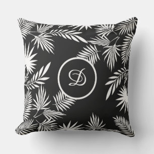 tropical palm leaves black and white outdoor pillow