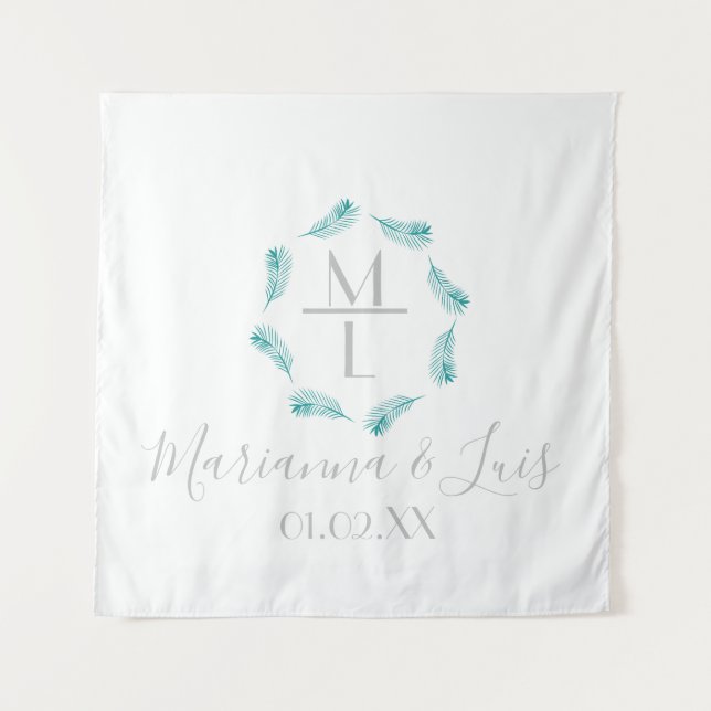 Tropical Palm Leaves Circular Logo Wedding Tapestry (Front)