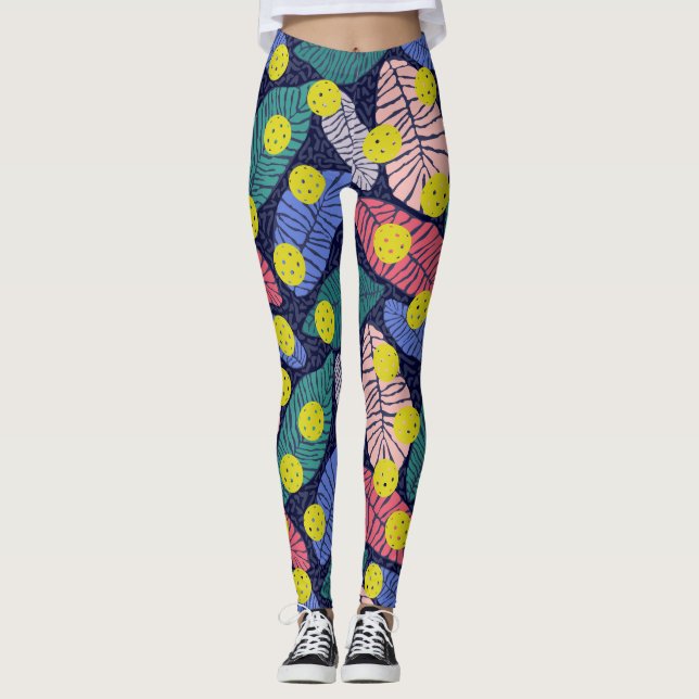 Tropical Palm Leaves Colourful Pickleball Sports Leggings (Front)