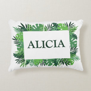 Tropical palm leaves custom name accent pillow