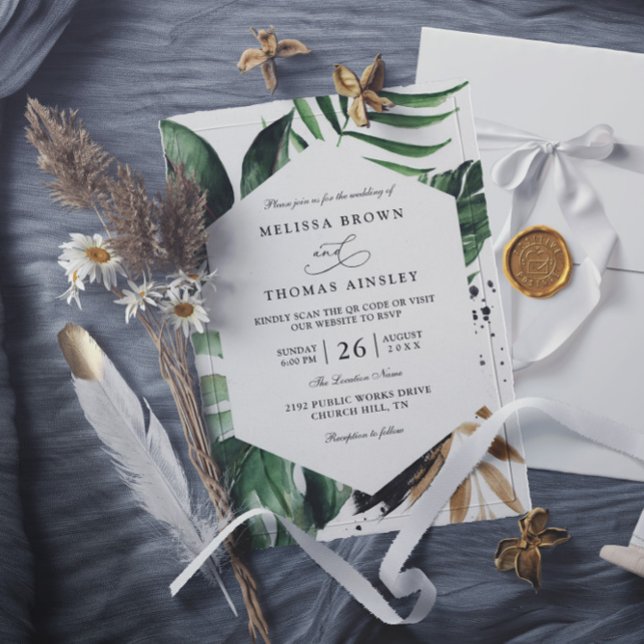 Tropical Palm Leaves Elegant QR Code Wedding Invitation (Creator Uploaded)