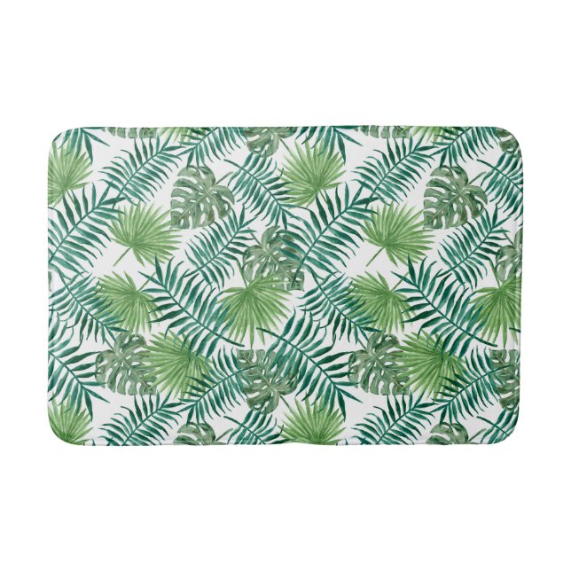 Tropical Palm Leaves Exotic Botanical Pattern Bath Mat (Front)