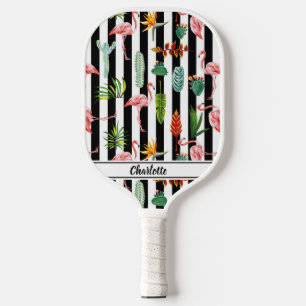 Tropical Palm Leaves Flamingo Cactus Black & White Pickleball Paddle