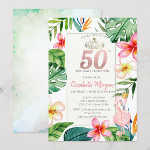 Tropical Palm Leaves Flowers Pink Flamingo 50th Invitation