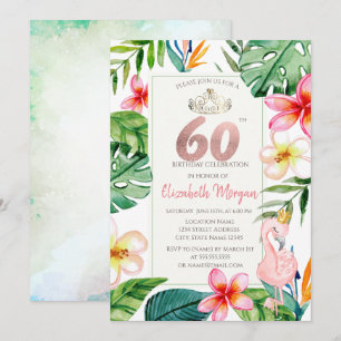Tropical Palm Leaves Flowers Pink Flamingo 60th Invitation