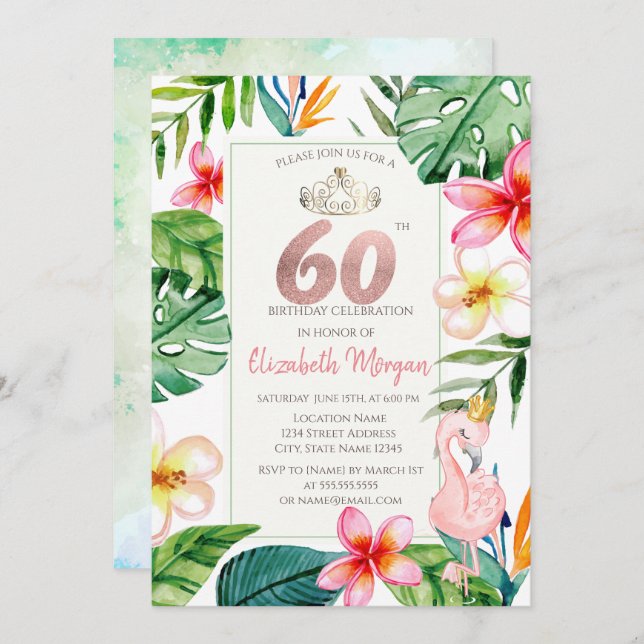 Tropical Palm Leaves Flowers Pink Flamingo 60th Invitation (Front/Back)
