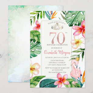Tropical Palm Leaves Flowers Pink Flamingo 70th Invitation