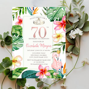 Tropical Palm Leaves Flowers Pink Flamingo 70th Invitation