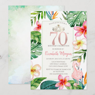 Tropical Palm Leaves Flowers Pink Flamingo 70th Invitation