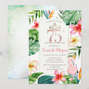 Tropical Palm Leaves Flowers Pink Flamingo 75th Invitation
