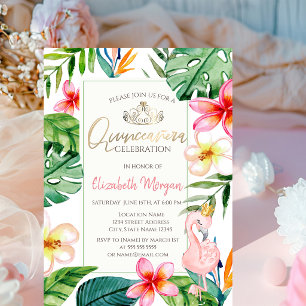 Tropical Palm Leaves Flowers Pink Flamingo Invitation