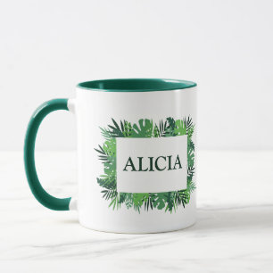 Tropical palm leaves frame custom name mug