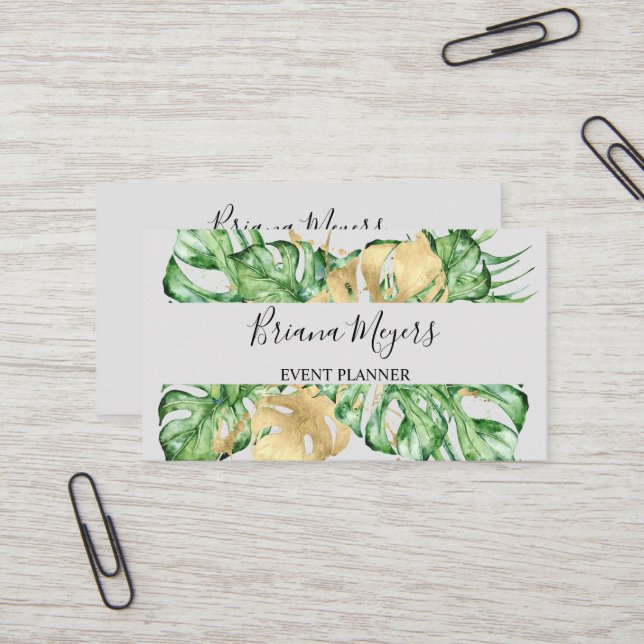 Tropical Palm Leaves Gold Business Card (Front/Back In Situ)