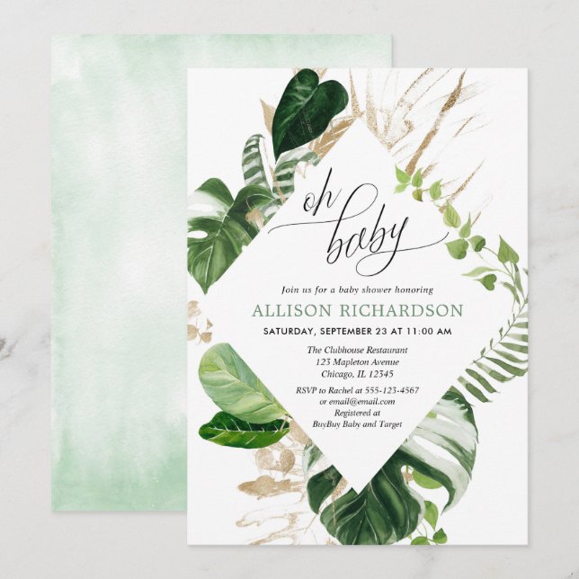 Tropical palm leaves greenery gold baby shower invitation (Front/Back)