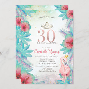 Tropical Palm Leaves Hibiscus Pink Flamingo 30th Invitation