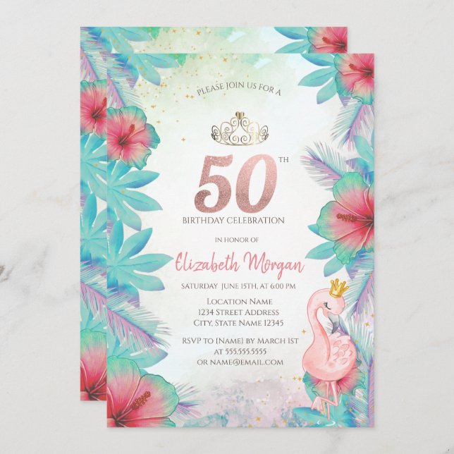 Tropical Palm Leaves Hibiscus Pink Flamingo 50th Invitation (Front/Back)