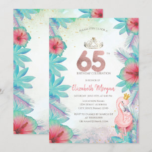 Tropical Palm Leaves Hibiscus Pink Flamingo 65th Invitation