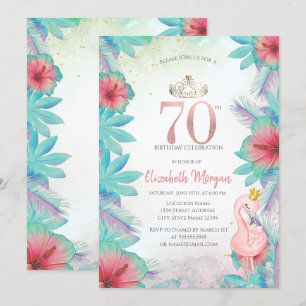 Tropical Palm Leaves Hibiscus Pink Flamingo 70th Invitation