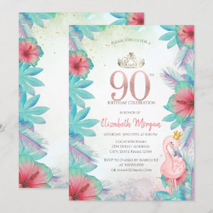 Tropical Palm Leaves Hibiscus Pink Flamingo 90th Invitation