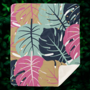 Tropical Palm Leaves in Pink & Blue Cozy Sherpa Blanket