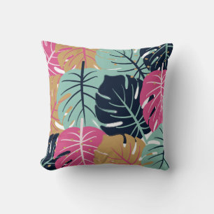 Tropical Palm Leaves in Pink & Blue Decorative Throw Pillow