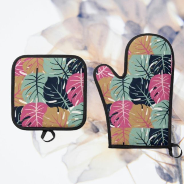 Tropical Palm Leaves in Pink & Blue |  Oven Mitt & Pot Holder Set (Creator Uploaded)