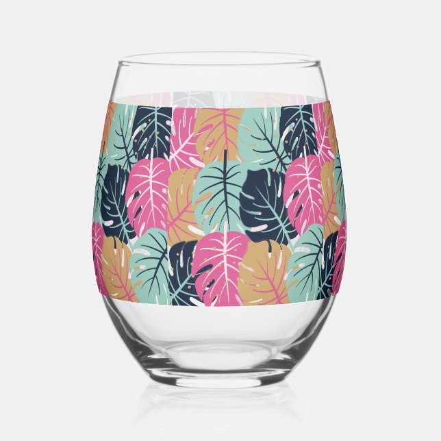 Tropical Palm Leaves in Pink & Blue | Stemless  Stemless Wine Glass (Front)