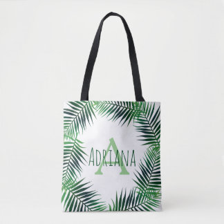 Tropical Palm Leaves & Initial Letter with Name Tote Bag