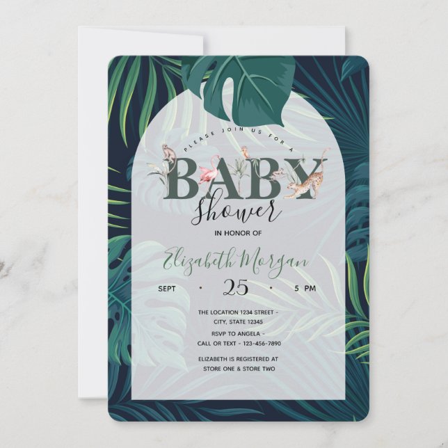 Tropical Palm Leaves Jungle Animals Baby Shower Invitation (Front)