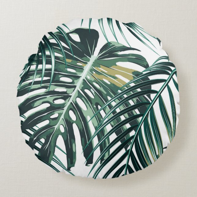 Tropical palm leaves, jungle leaves seamless flora round pillow (Front)